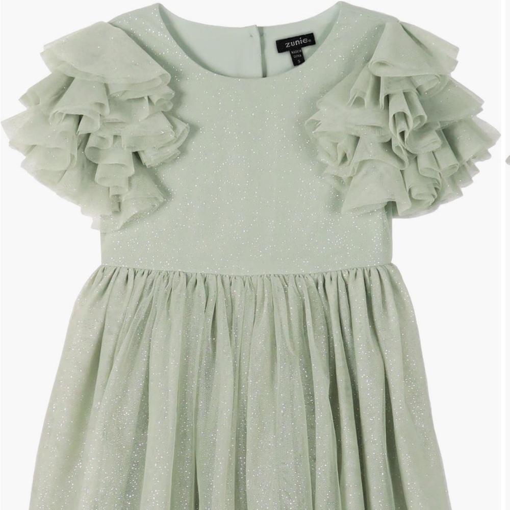 Zunie Girls' Sparkle Ruffle Sleeve Dress in Pale Mint